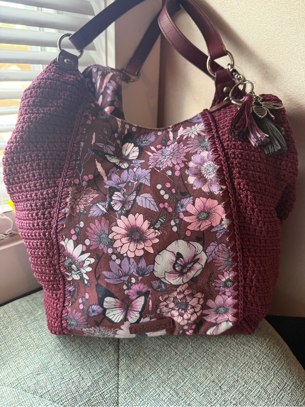 Sakroots Burgundy and Pink Floral Crochet Hobo Bag